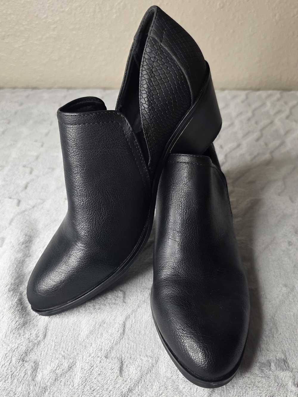 BareTraps Black Leather Ankle Booties with Textured Heel Panel